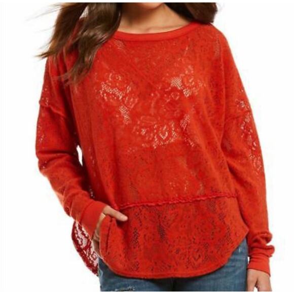 Free People Not Cold in This Top Red Long Sleeve Lacey Oversized Size Small Boho - Picture 1 of 13
